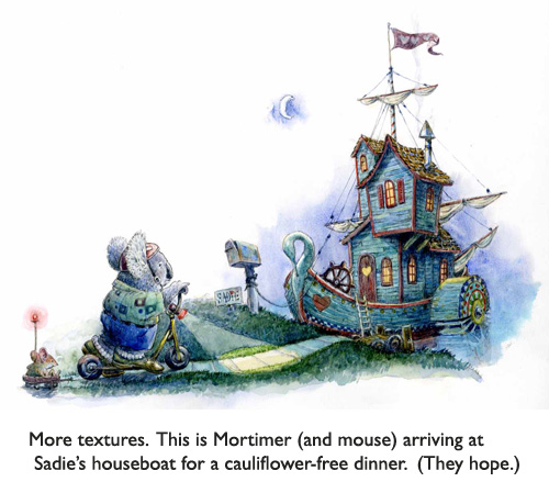 Sadie’s Houseboat. Fanciful children’s illustration by artist Jim Harris.